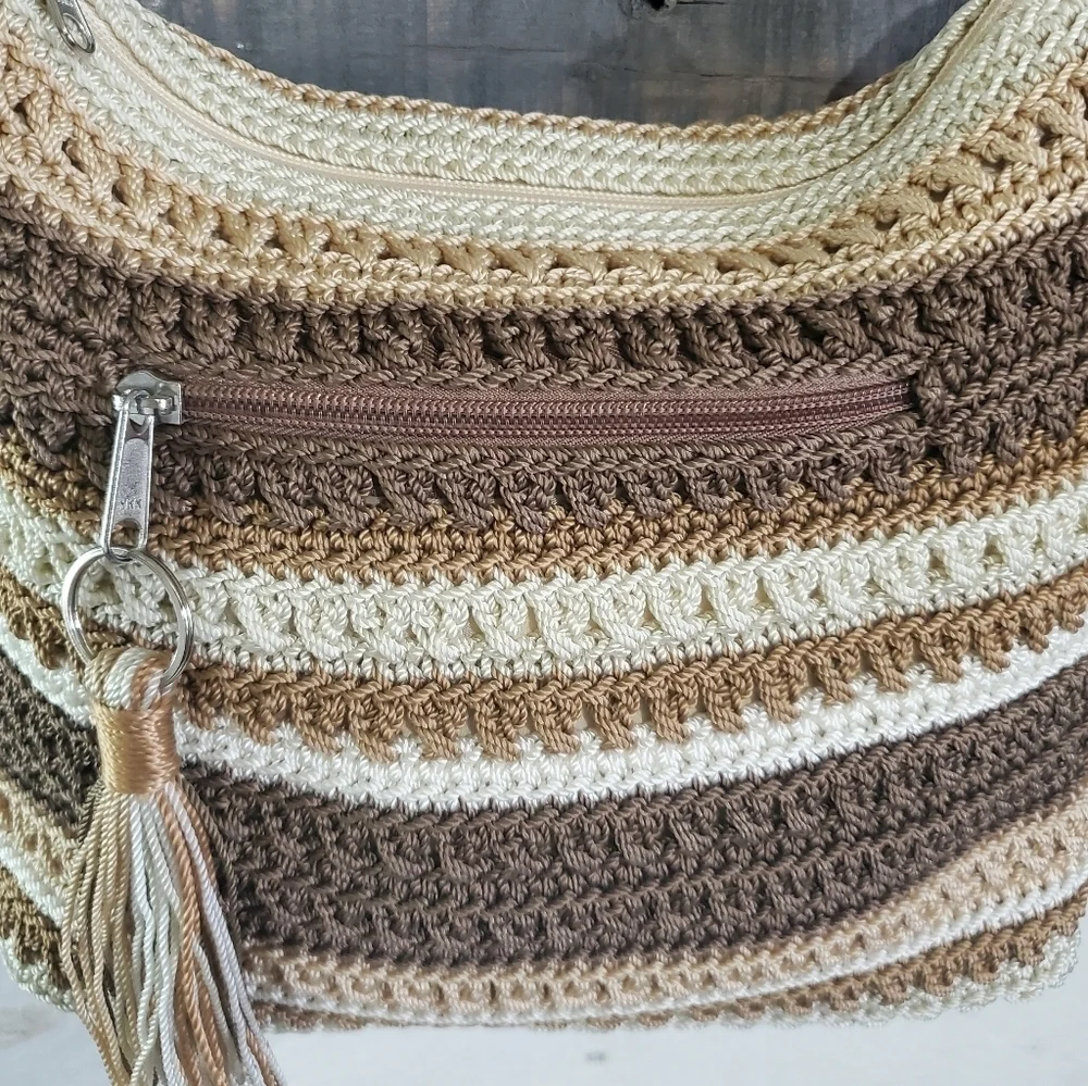 THE Sak Striped Brown Tan Cream Hobo Shoulder Bag Purse - Picture 9 of 14
